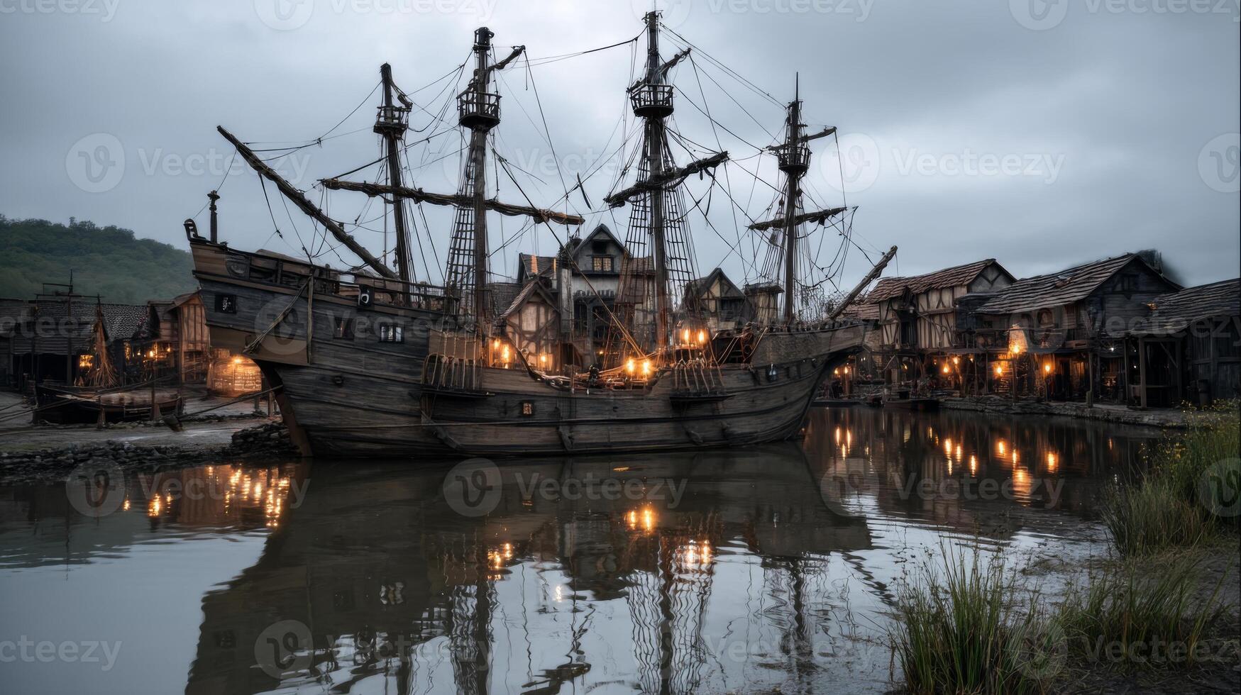 Dramatic Scene of a Historical Ship Docked in a Rustic Village at Dusk with Illuminated Architecture and Calm Waters photo