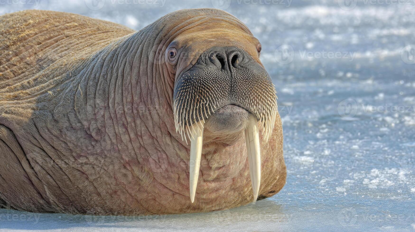 Close-Up of a Walrus Resting on Ice with Textured Skin and Prominent Tusks in Arctic Habitat photo