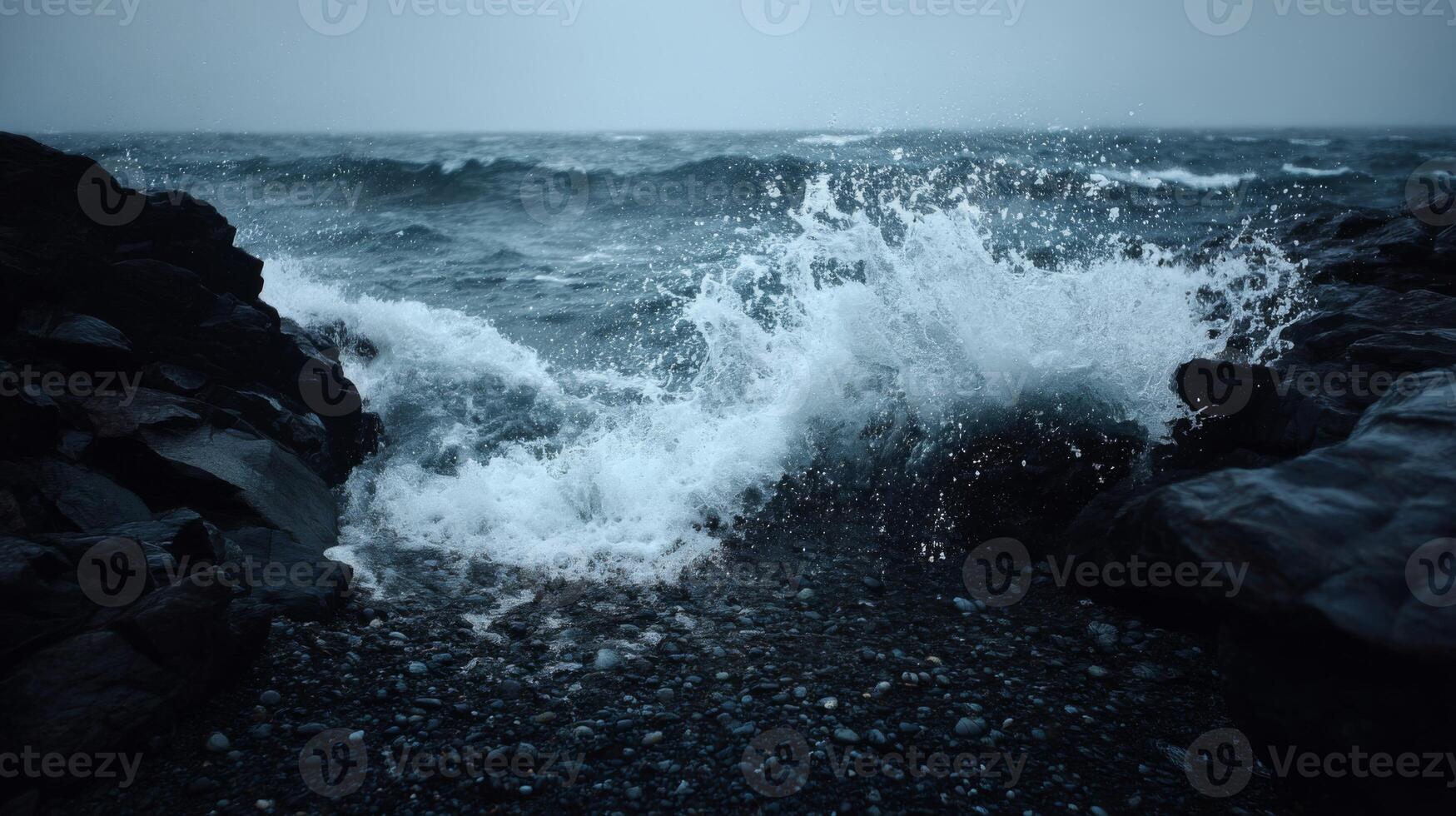 Dramatic Ocean Waves Crash Against Rocky Shoreline Under Gloomy Sky on Stormy Day Captured in Moody Seascape Photography photo