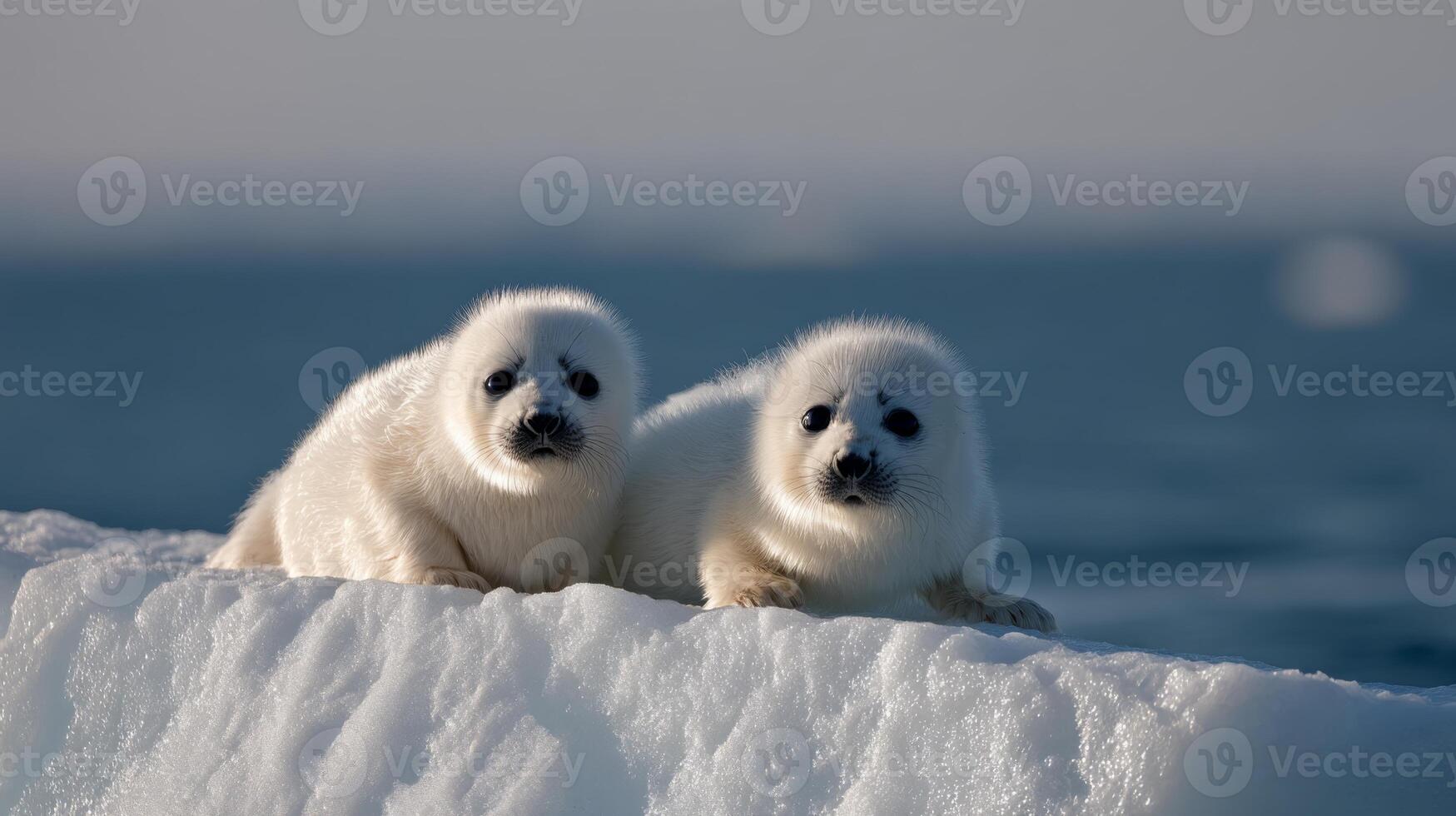 Adorable baby seals resting on icy surface in serene ocean setting, showcasing the beauty of wildlife in natural habitat photo