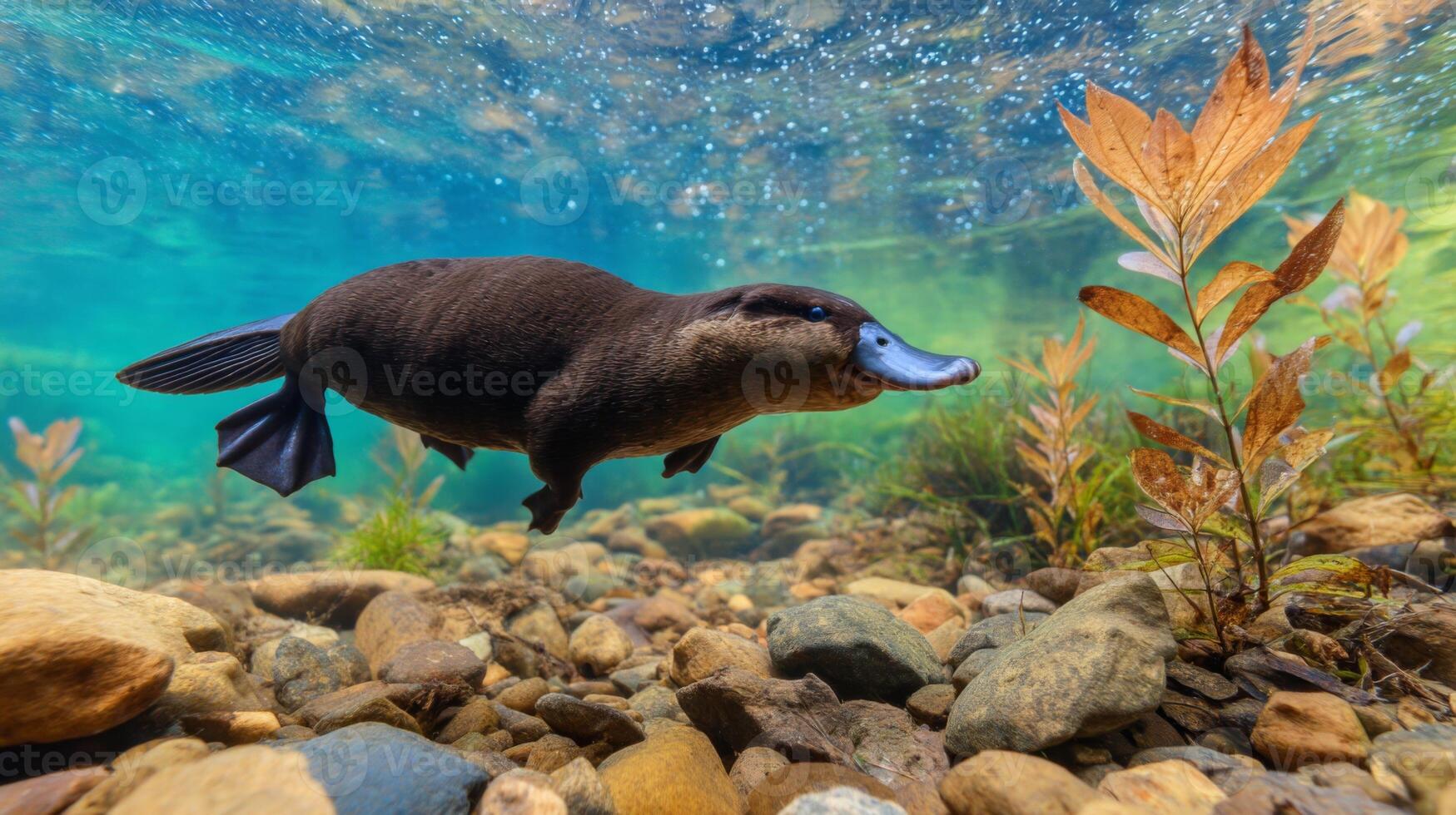 Underwater View of a Platypus Swimming Gracefully Through Clear Aquatic Habitat Surrounded by Colorful Plants and Stones photo