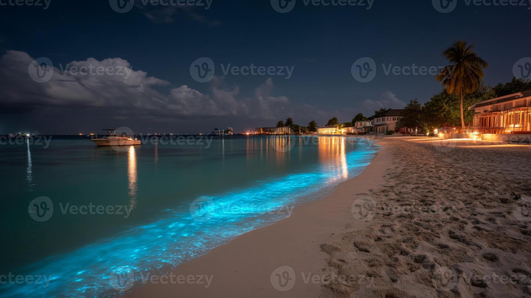 Serene Night Scene at Tropical Beach with Bioluminescent Waves and Calm Waters Reflecting Moonlight photo