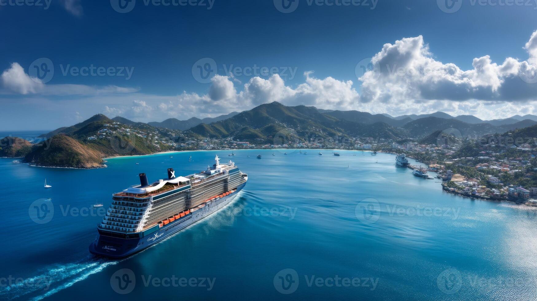 Aerial View of a Luxurious Cruise Ship Sailing Through Clear Blue Waters Surrounded by Mountains and Island Landscape photo