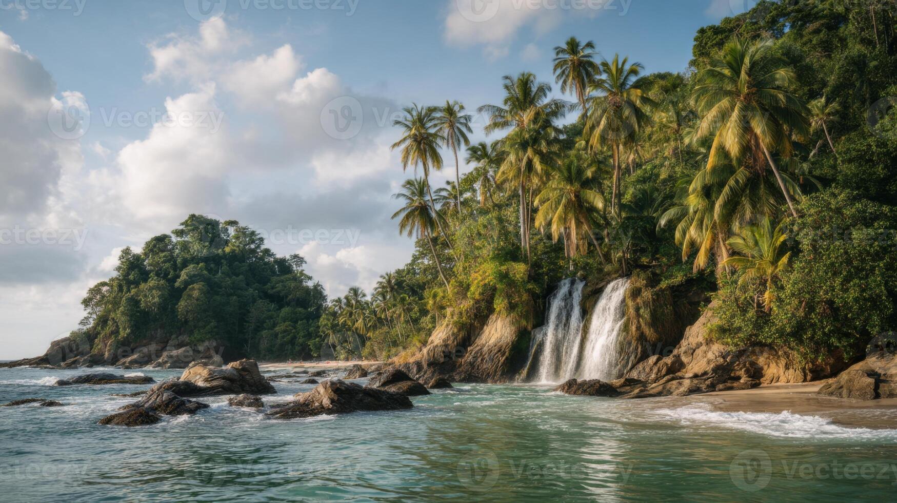 Serene Tropical Landscape with Waterfall Surrounded by Lush Palm Trees and Tranquil Ocean Waves in Sunny Weather photo