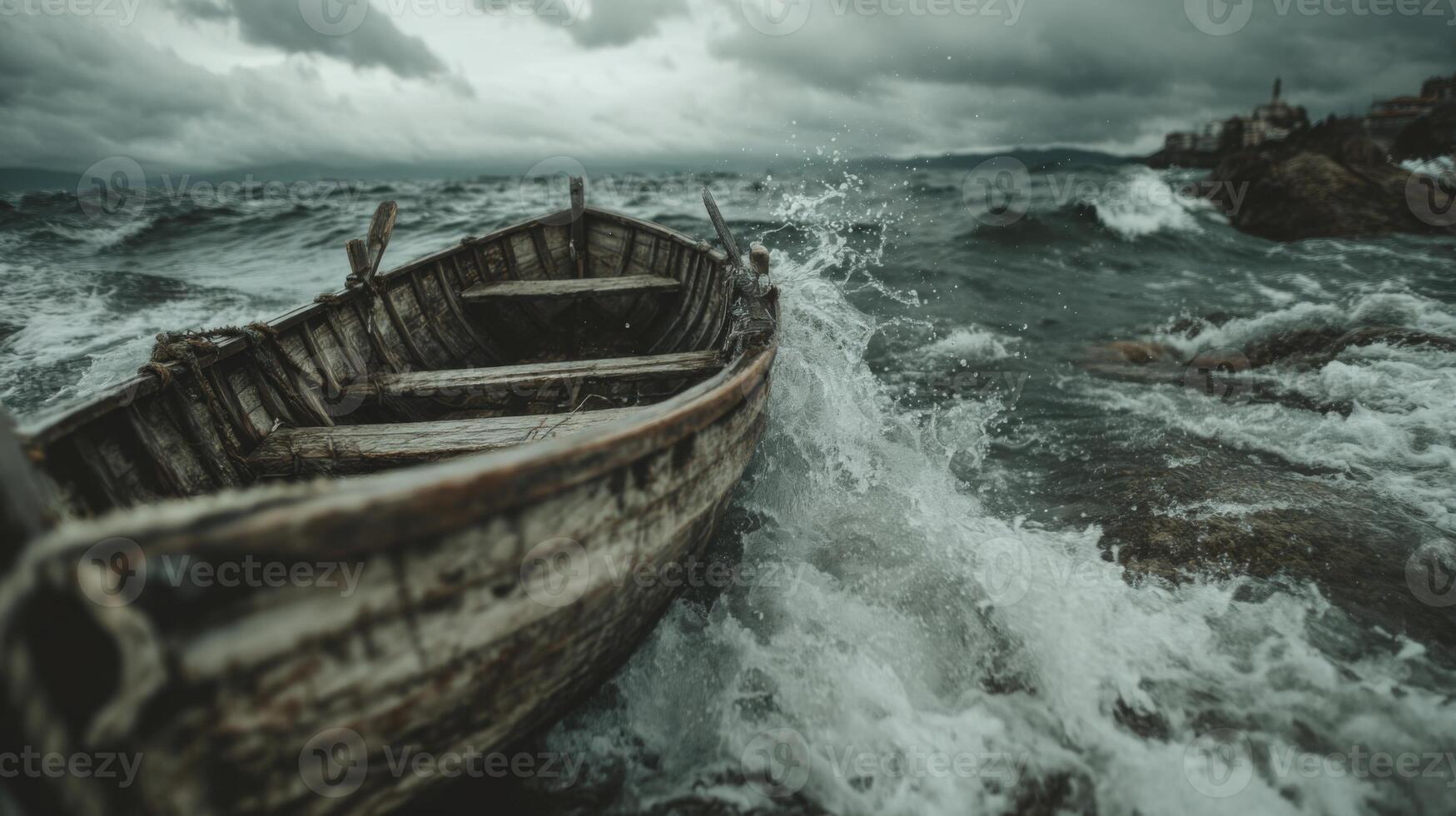 Dramatic Scene of Abandoned Wooden Boat on Waves Under Overcast Sky by Rocky Coastline photo