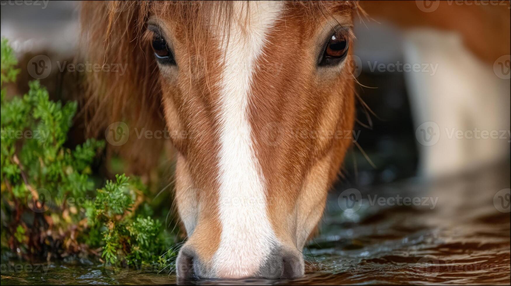 Close-Up of a Brown Horse Drinking Water from a Stream Surrounded by Greenery, Capturing Wildlife's Tranquil Moment photo