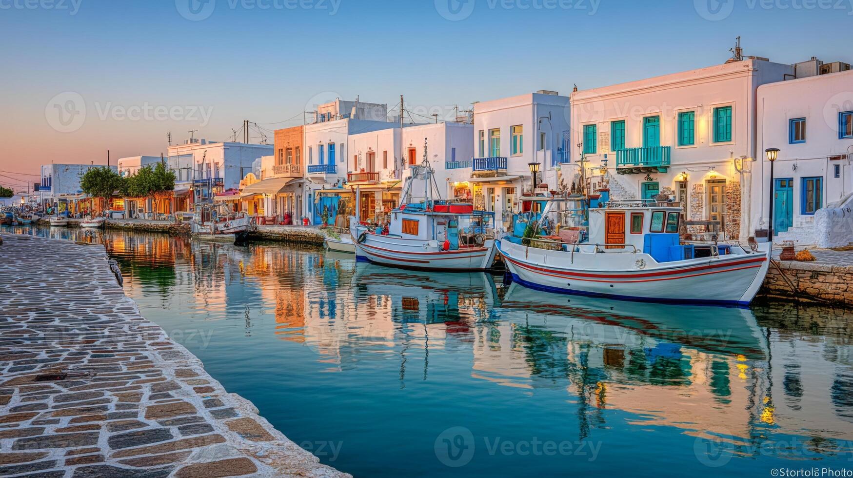 Serene waterfront scene with colorful boats and charming white buildings reflecting in calm waters at sunset in Greece photo