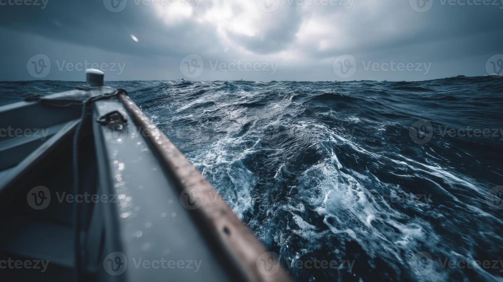 Dark Stormy Ocean Wave View from a Small Boat at Sea with Dramatic Cloudy Sky and Choppy Waters in Low Light Conditions photo