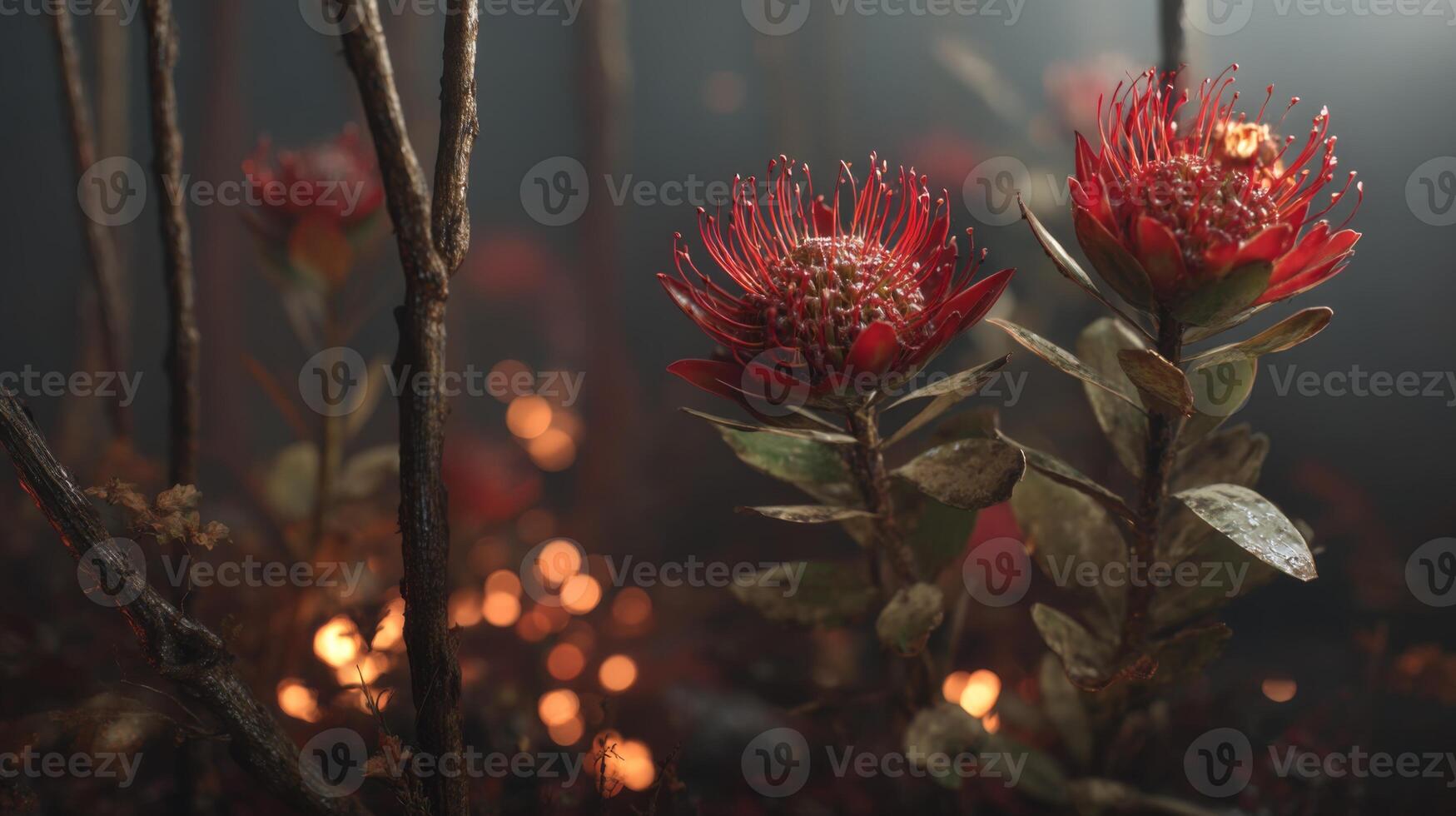 Stunning Close-Up of Red Flowers in a Dimly Lit Forest Setting with Glowing Lights and Detailed Texture, Nature Beauty photo