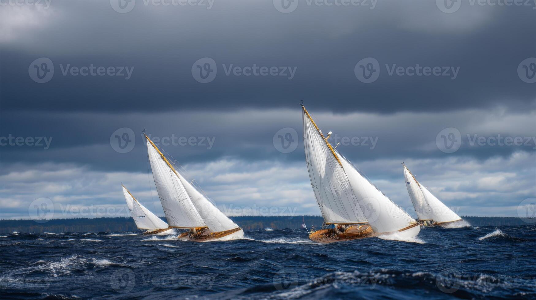 Elegant sailboats gliding gracefully on a tranquil sea under a dramatic cloudy sky with hints of sunlight breaking through photo