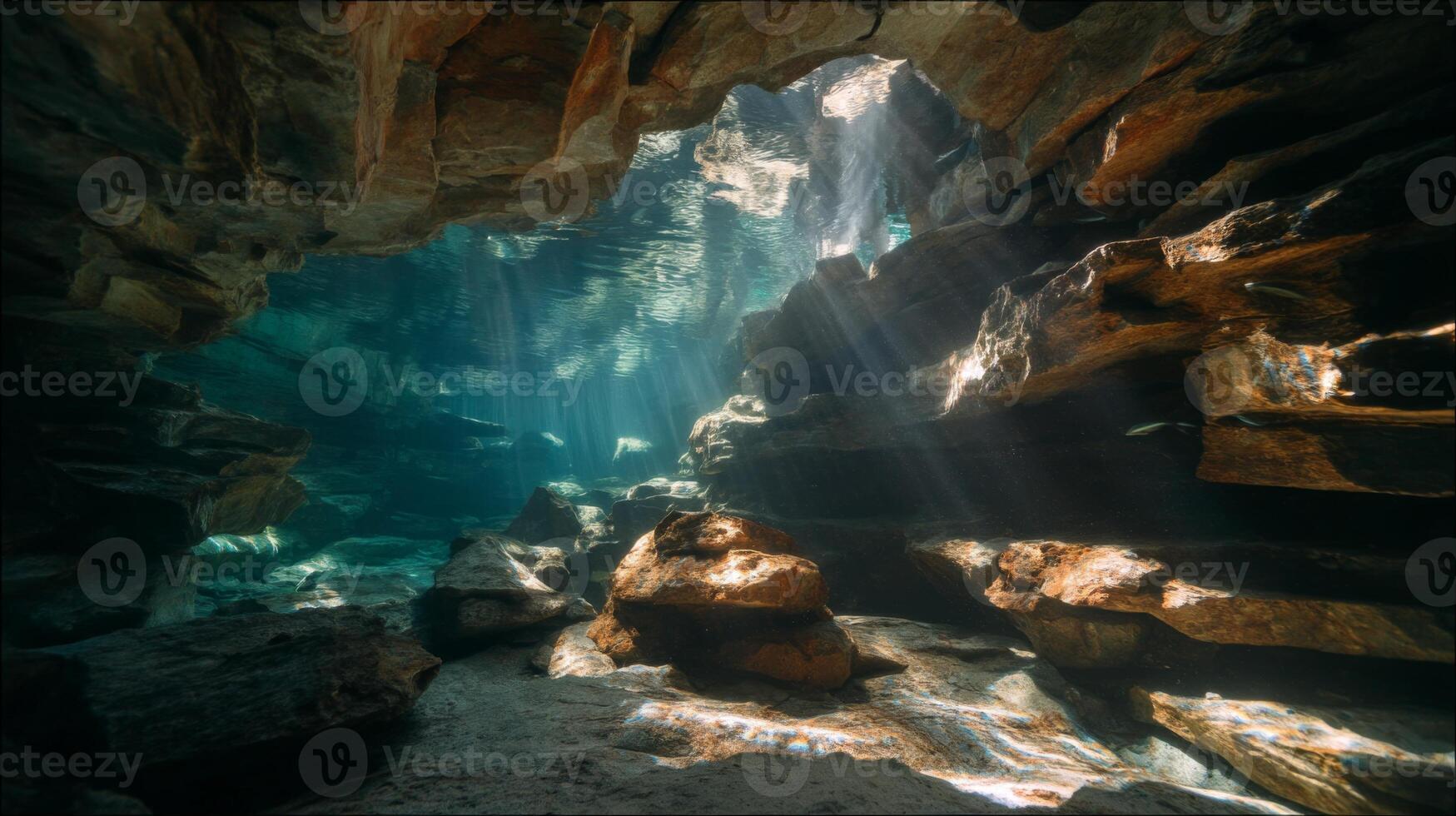 Sunlight Streaming Through Underwater Cave with Rocks and Clear Water in Serene Natural Environment photo