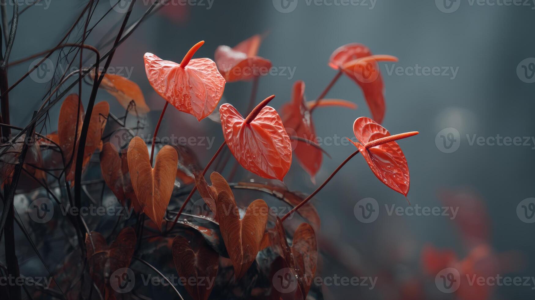 Vibrant Red Anthurium Flowers Surrounded by Lush Green Foliage in a Misty Forest Setting photo