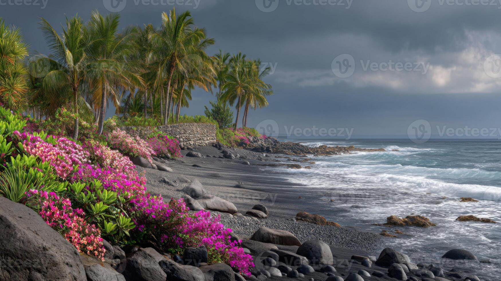 Serene Tropical Seascape with Vibrant Flowers and Lush Palm Trees Along the Rocky Shore Under a Dramatic Cloudy Sky photo