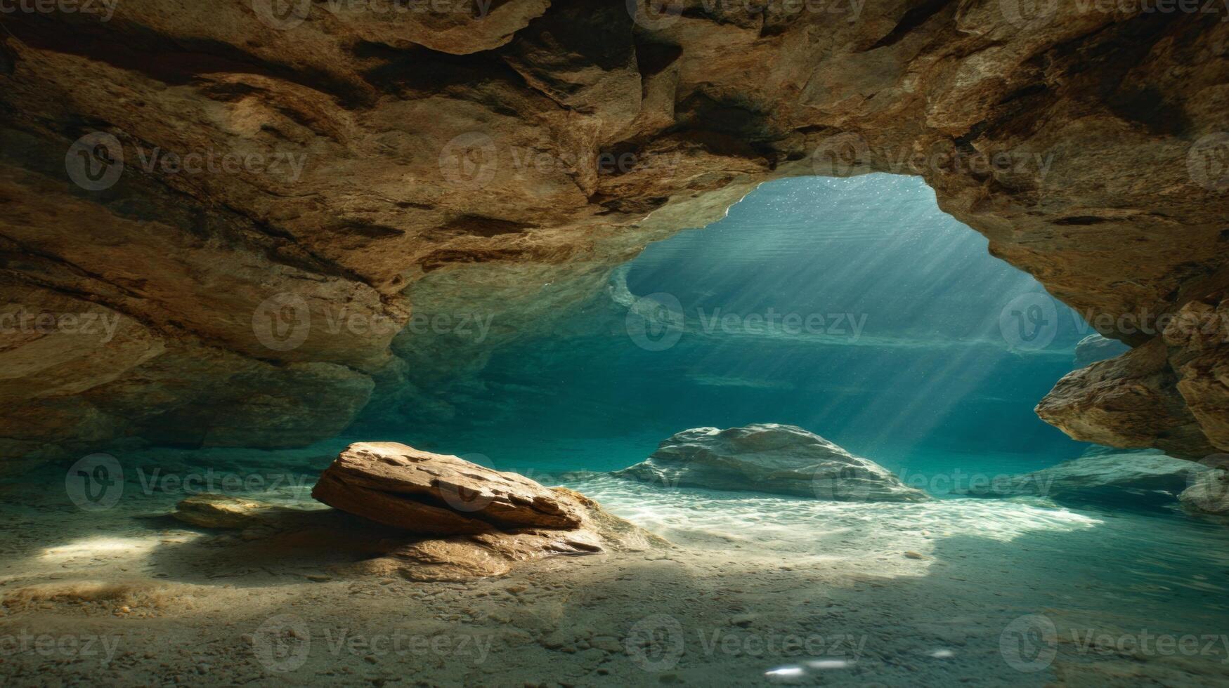 Sunlight Streaming Through Rocky Cave Entrance Illuminating Serene Underwater Scene in Calm Waters photo