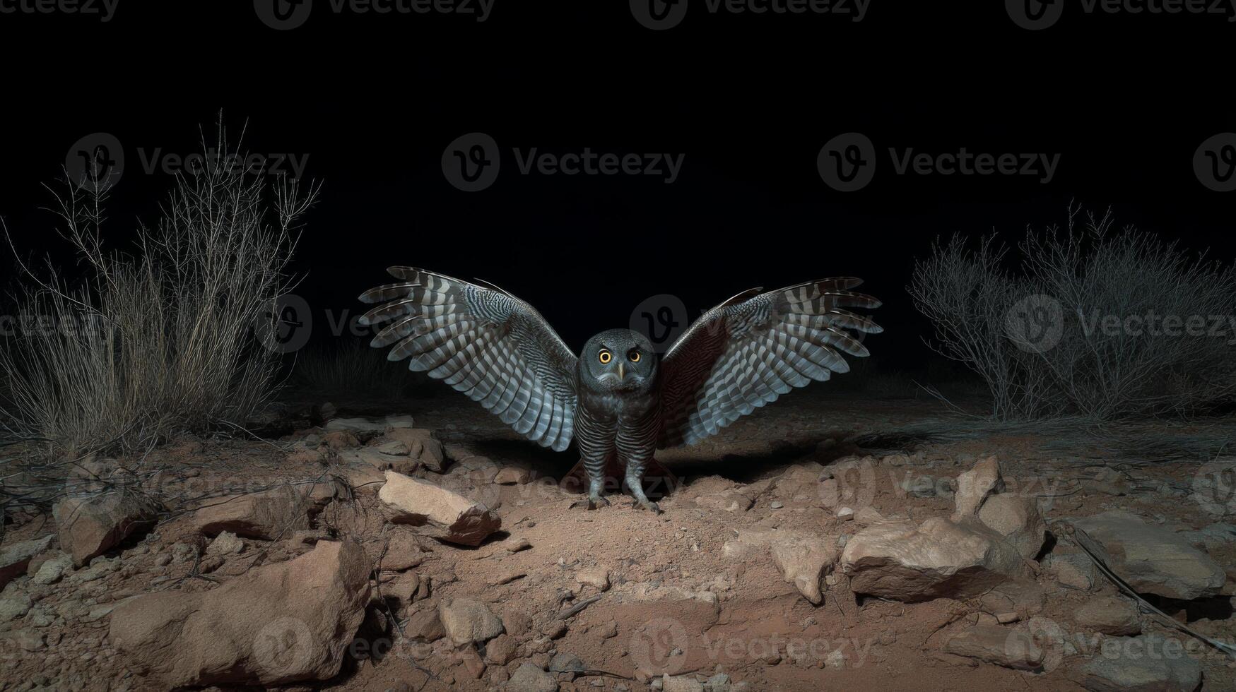 Majestic owl spreads wings in dark night, showcasing intricate feather patterns and piercing gaze in natural desert habitat photo