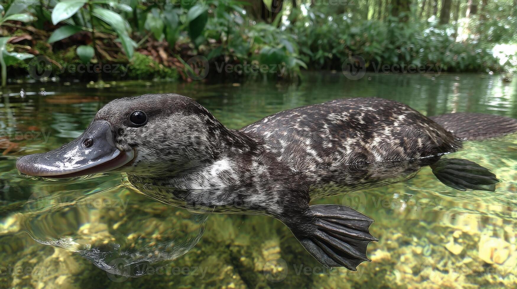 Playful Aquatic Creature Swimming Gracefully Among Lush Greenery in Clear Water Underneath Sunlight photo
