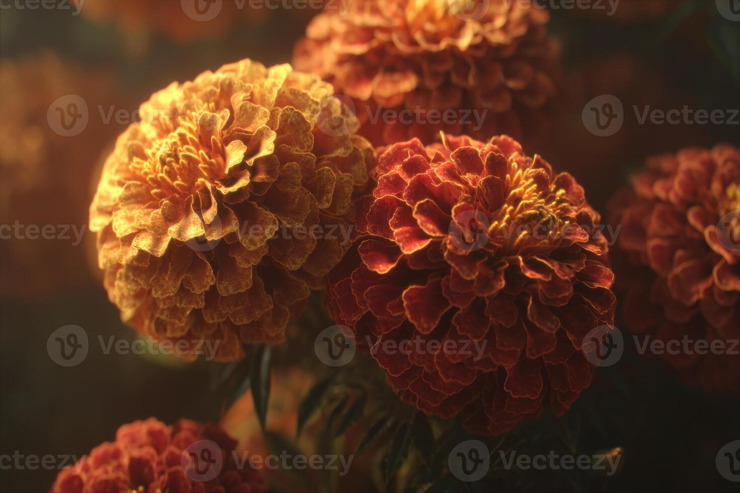 Vibrant Marigold Flowers Captured in Soft Focus, Showcasing Rich Colors of Orange and Red in Natural Setting photo