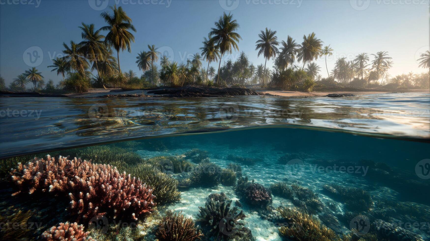 Stunning Split View of Tropical Seascape with Coral Reefs and Lush Palm Trees Under Clear Blue Sky photo