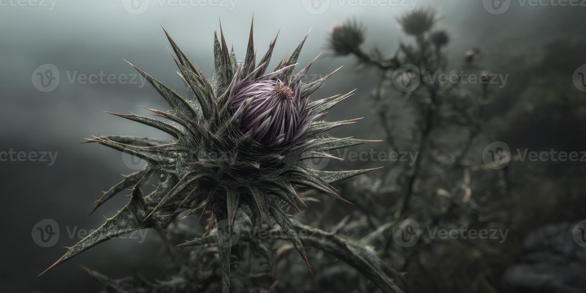 Close-Up of a Spiky Thistle Flower in a Misty Landscape with Mysterious Atmosphere and Soft Natural Light photo