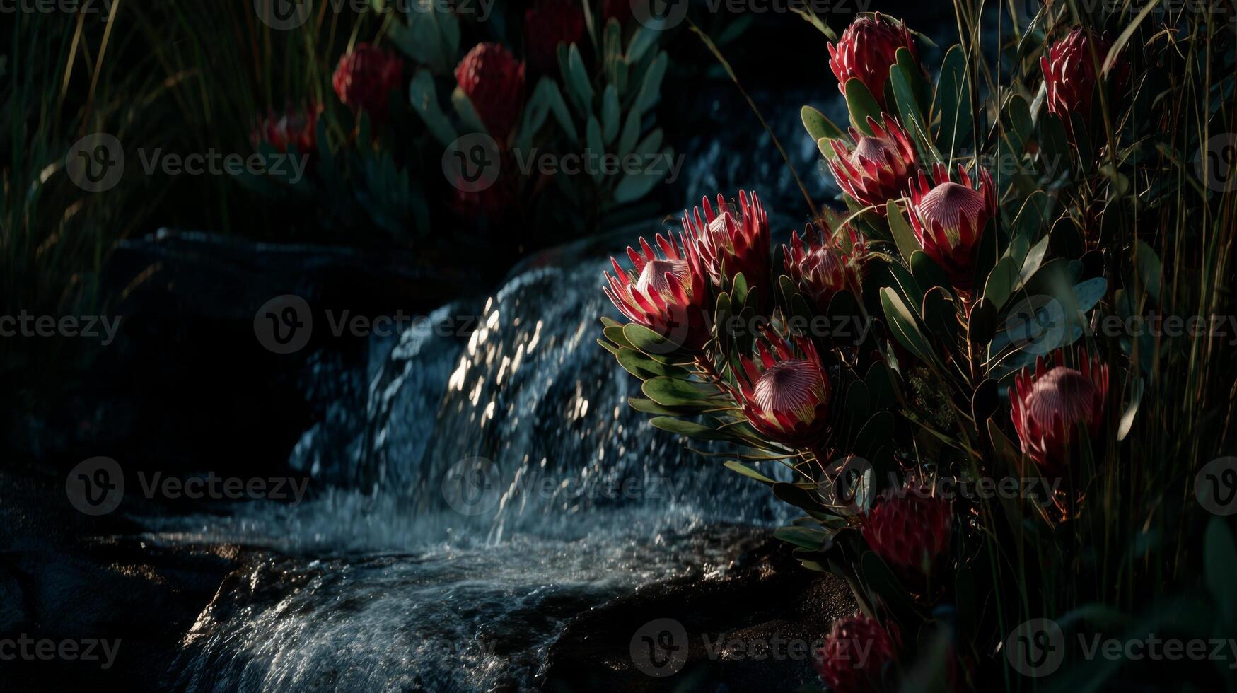 Vibrant Red Flowers Near Flowing Water in a Serene Natural Setting at Dusk photo