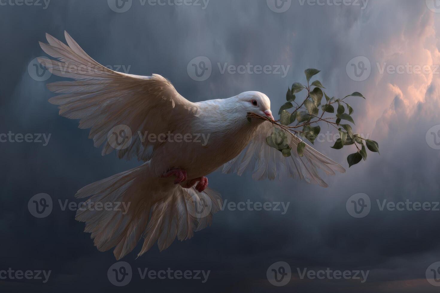 Majestic white bird soaring gracefully through the atmosphere with a branch in its beak under dramatic cloudy sky photo