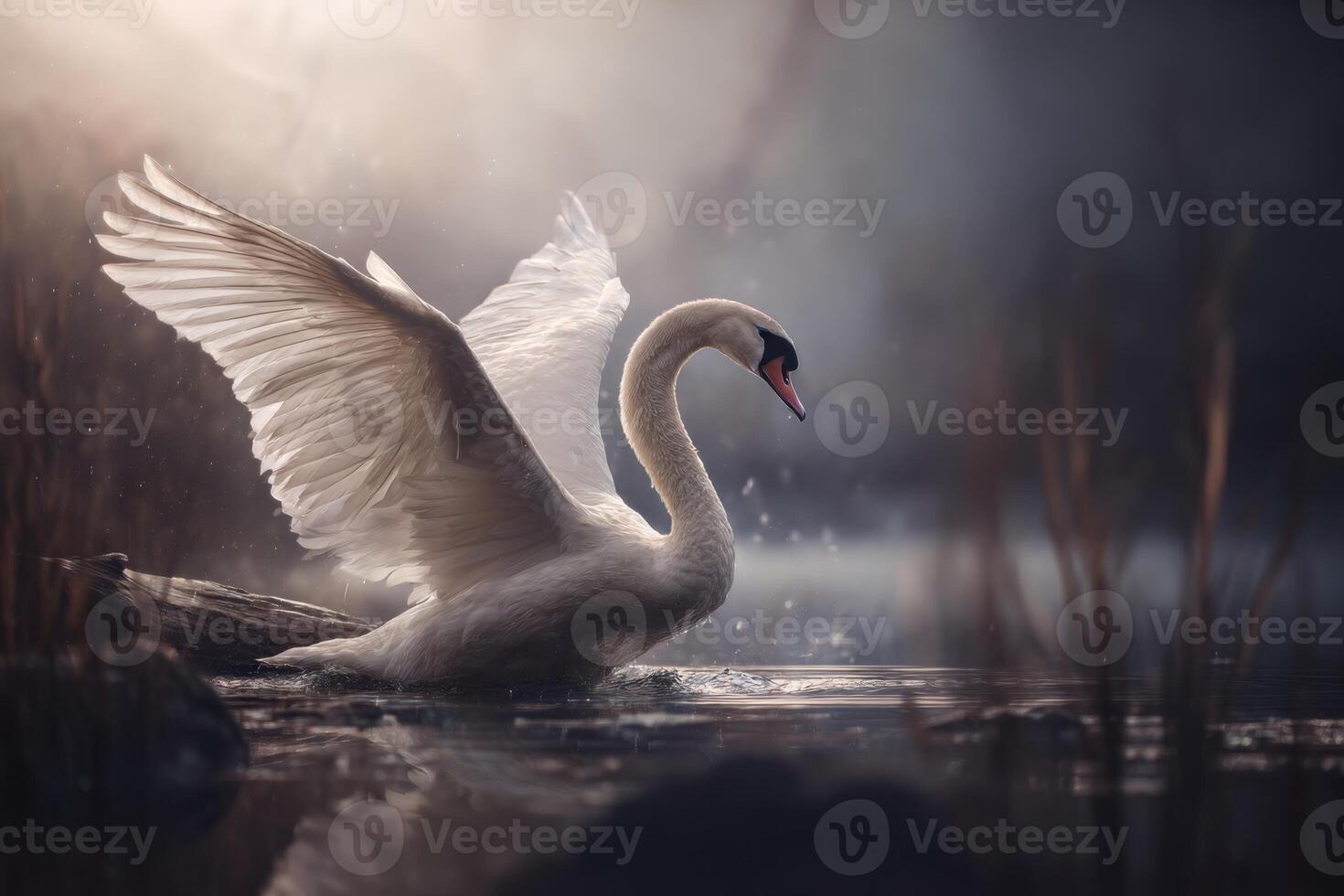 Majestic Swan Spreading Wings in Tranquil Waters Amidst Misty Morning Light, Capturing Nature's Beauty and Serenity photo