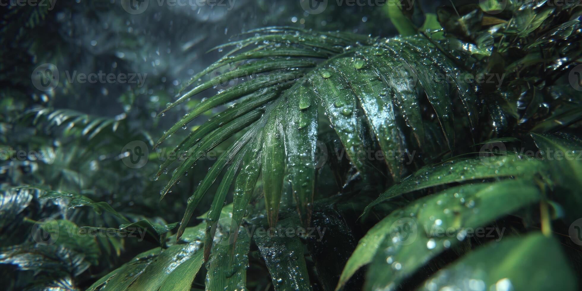 Fresh Green Leaves with Water Droplets in Lush Rainforest Environment Under Soft Natural Light photo