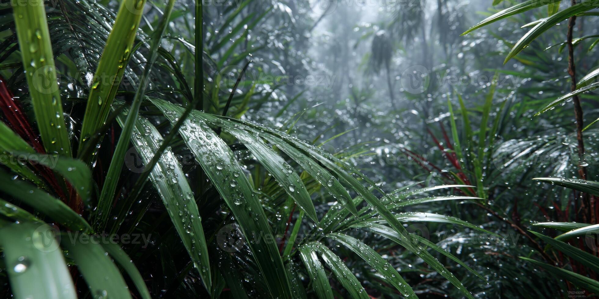 Lush Green Rainforest Foliage with Dewdrops and Misty Atmosphere Captured in a Serene Nature Environment photo