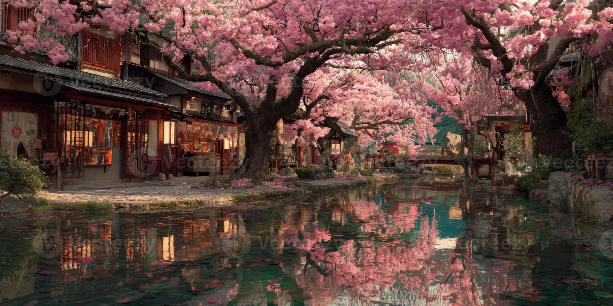 Serene Cherry Blossom Scene by Tranquil Stream with Reflections of Pink Blooming Trees in Peaceful Spring Garden Setting photo