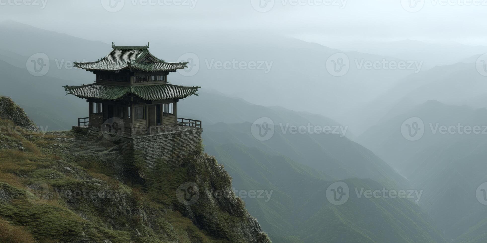 Serene Mountain Temple with Traditional Architecture Surrounded by Misty Hills and Lush Greenery Beneath a Cloudy Sky photo