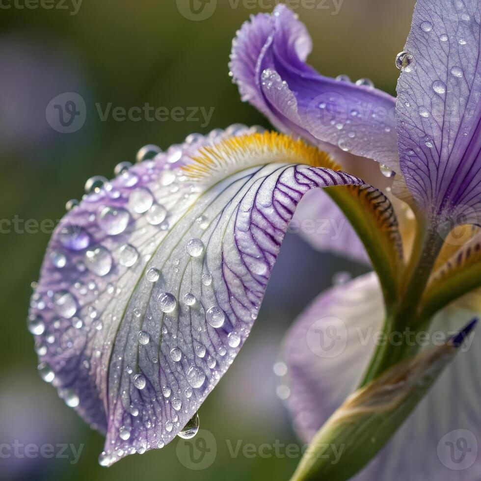 Iris flower petal with dew drops in a soft, elegant background, macro photography photo