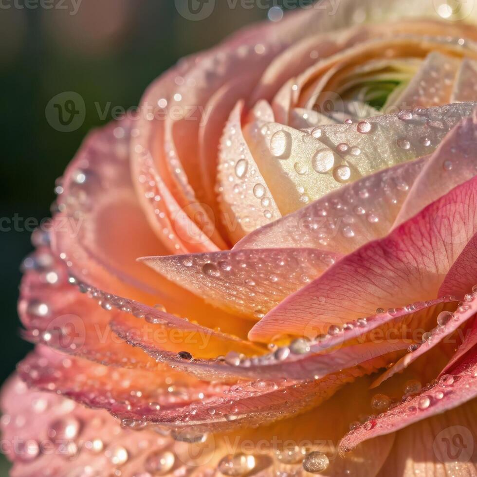Ranunculus flower with dew drops in a soft, romantic background, macro photography photo