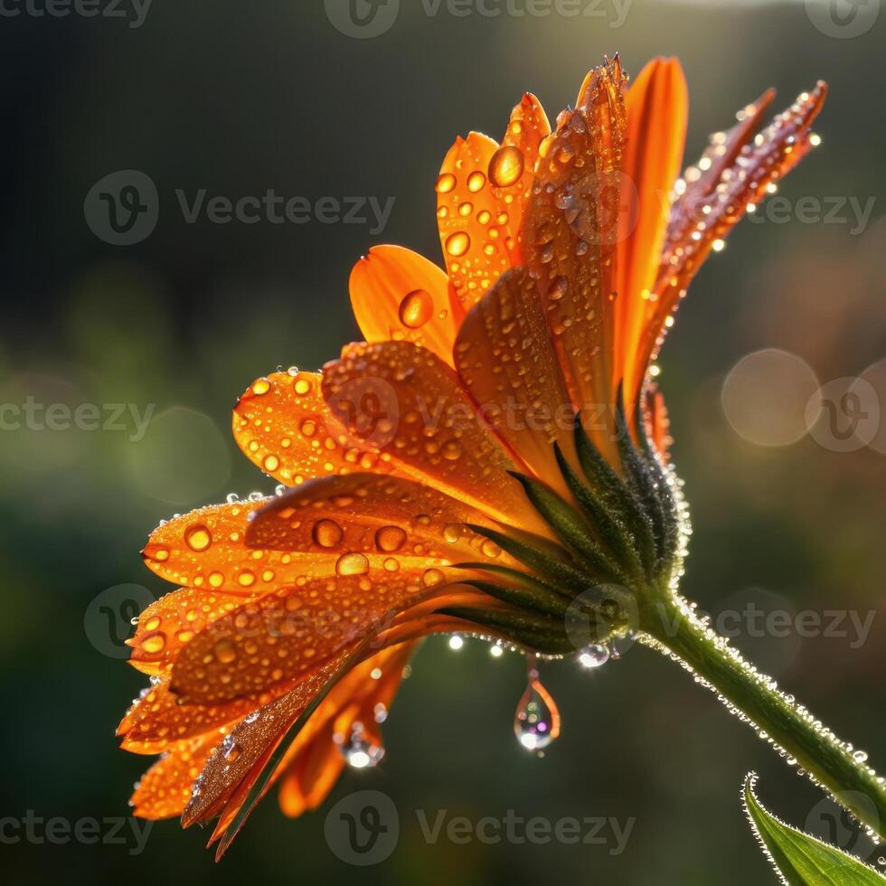 Marigold flower with dew drops in a soft, radiant background, macro photography photo