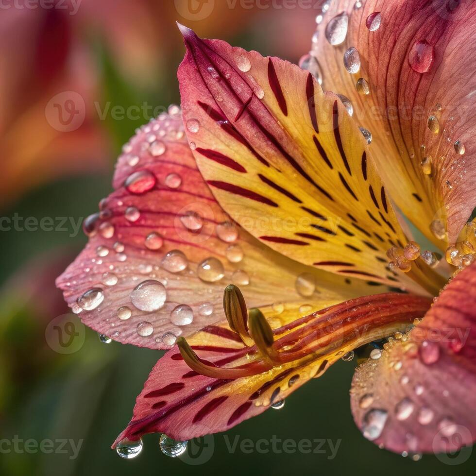 Alstroemeria flower with dew drops in a soft, vibrant background, macro photography photo