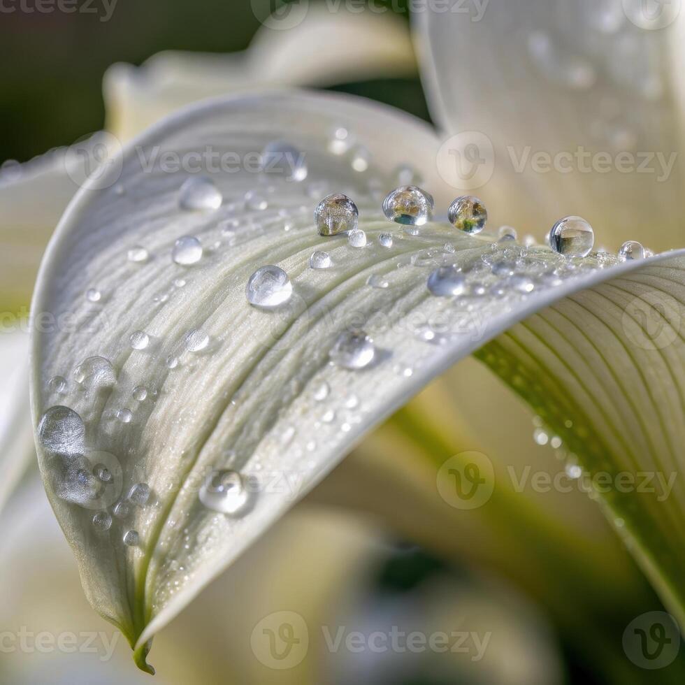 Calla lily petal with dew drops in a soft, elegant background, macro photography photo