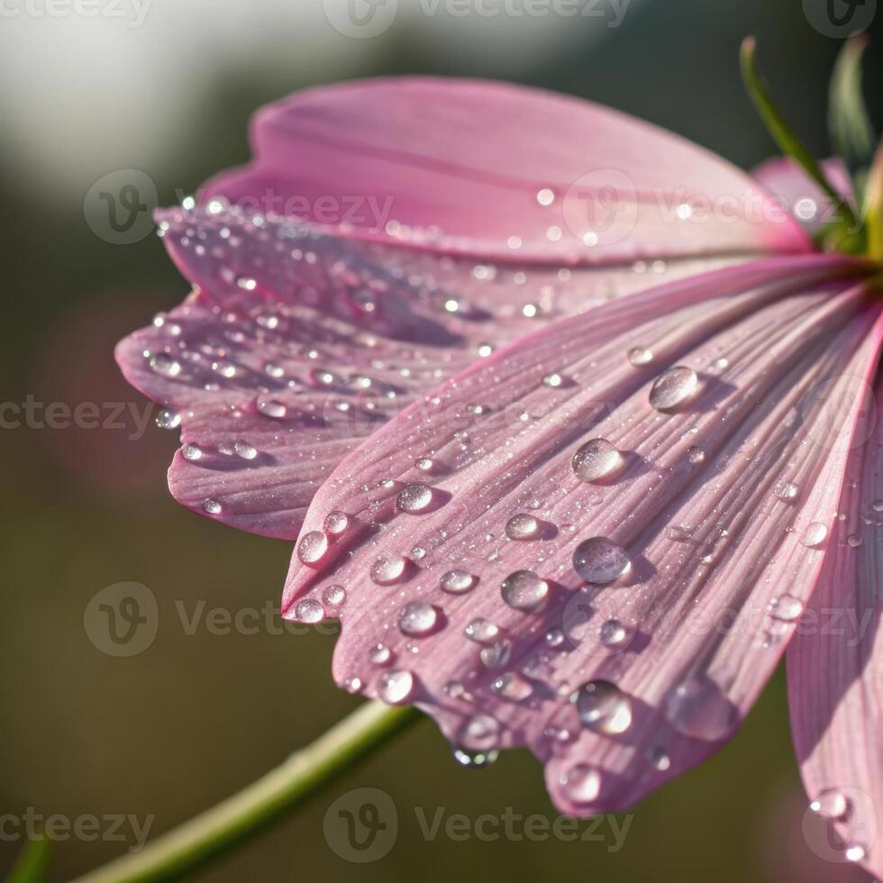 Cosmos flower petal with dew drops in a soft, colorful background, macro photography photo