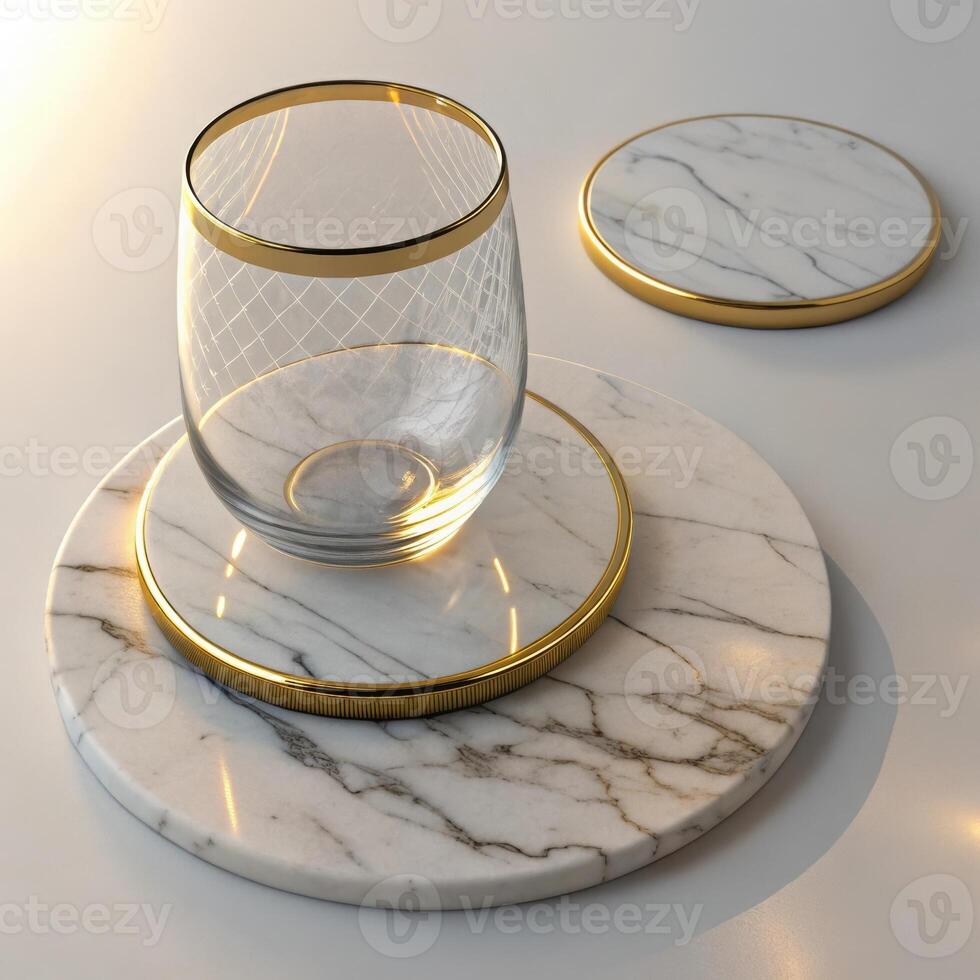 Elegant glass on marble coasters with gold trim in sophisticated setting with copy space photo