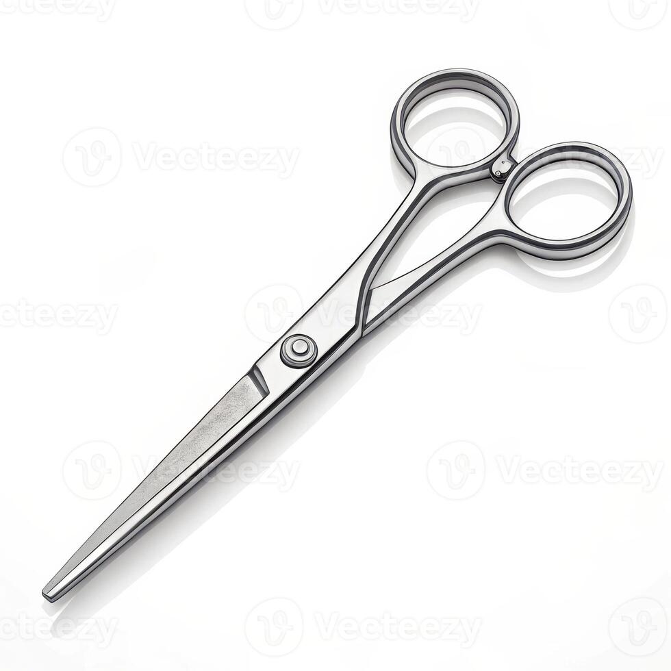 Stylish stainless steel scissors lying on reflective surface with copy space photo