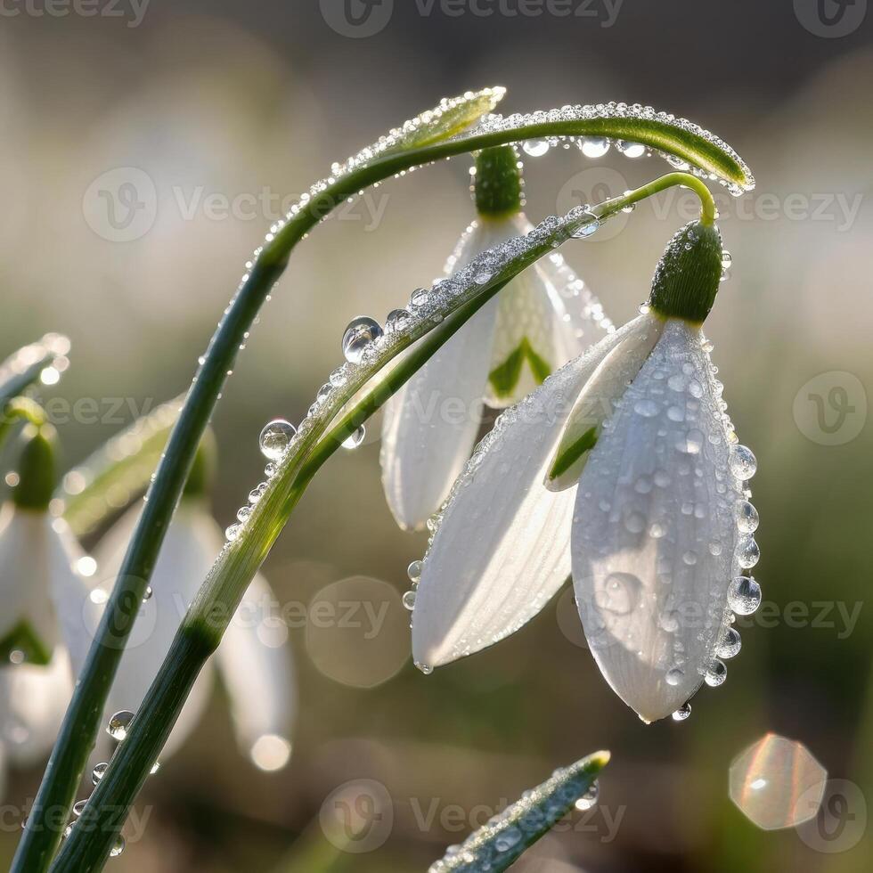 Snowdrop flowers with dew drops in a soft, serene background, macro photography photo