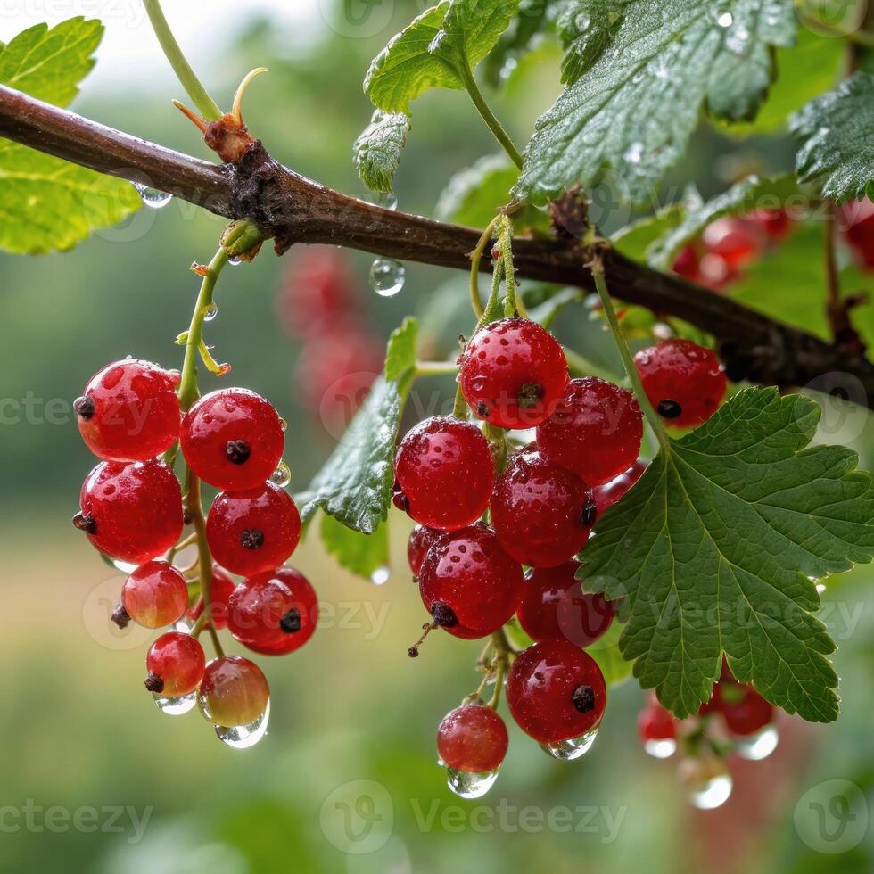Fresh red currants with water droplets on a branch in a natural garden setting photo