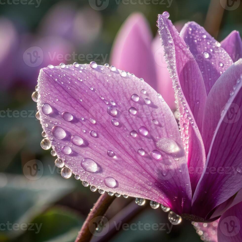 Crocus flower petal with dew drops in a soft, beautiful background, macro photography photo