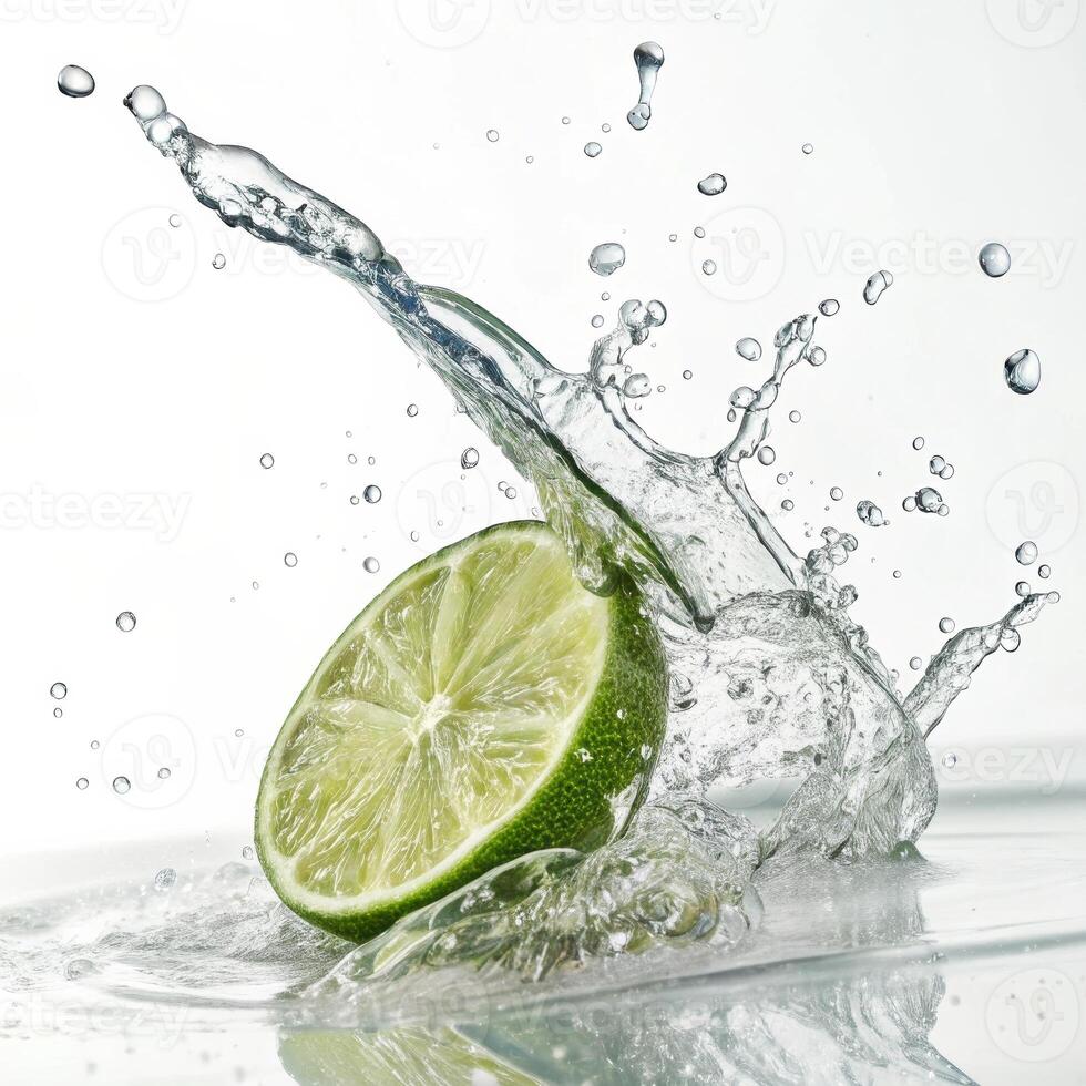 Fresh lime slice splashing in water on white background with copy space photo