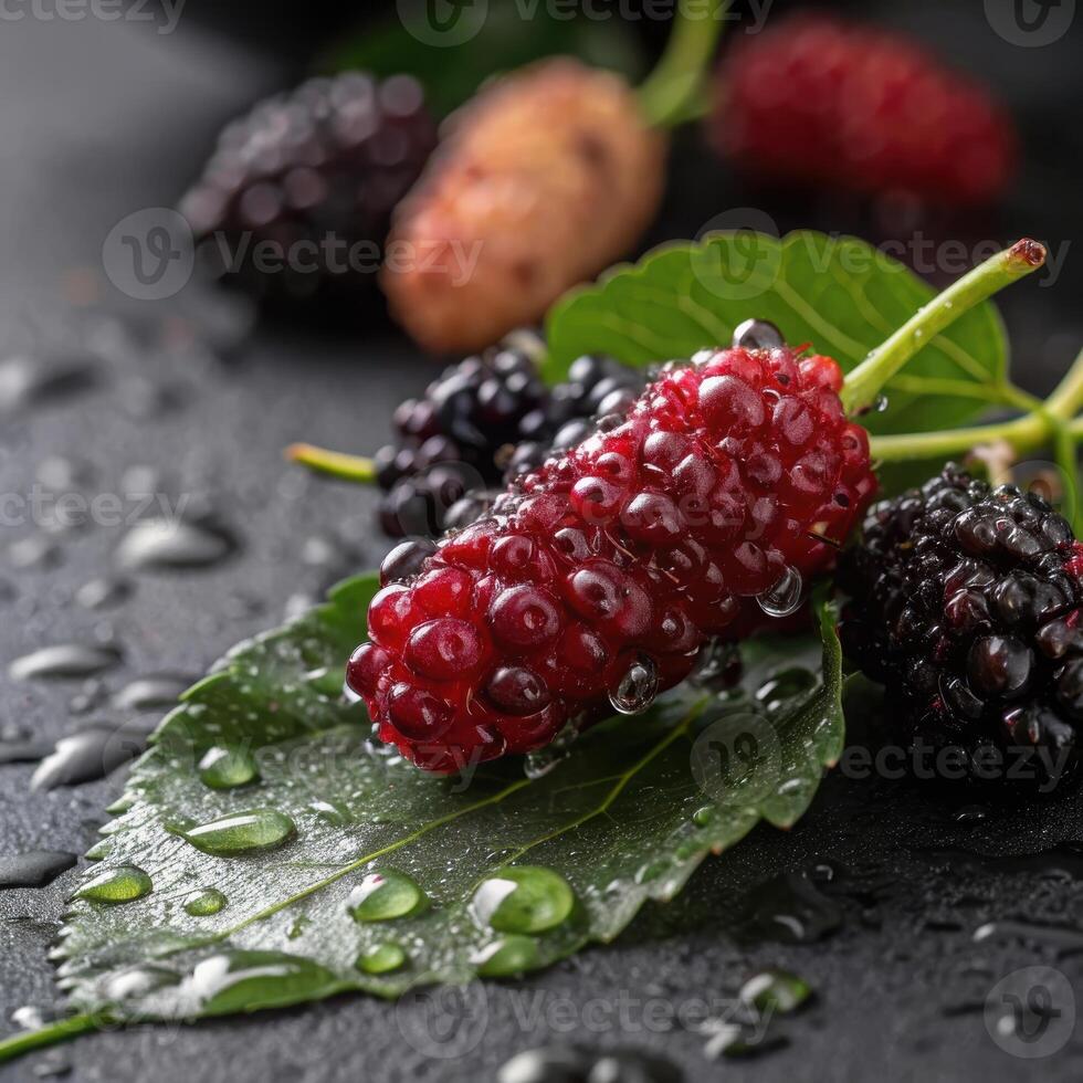Fresh mulberries with water droplets on green leaves and dark background with copy space photo