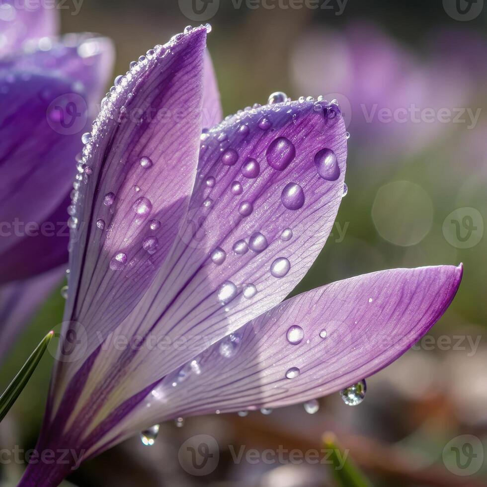 Crocus flower petal with dew drops in a soft, vibrant background, macro photography photo