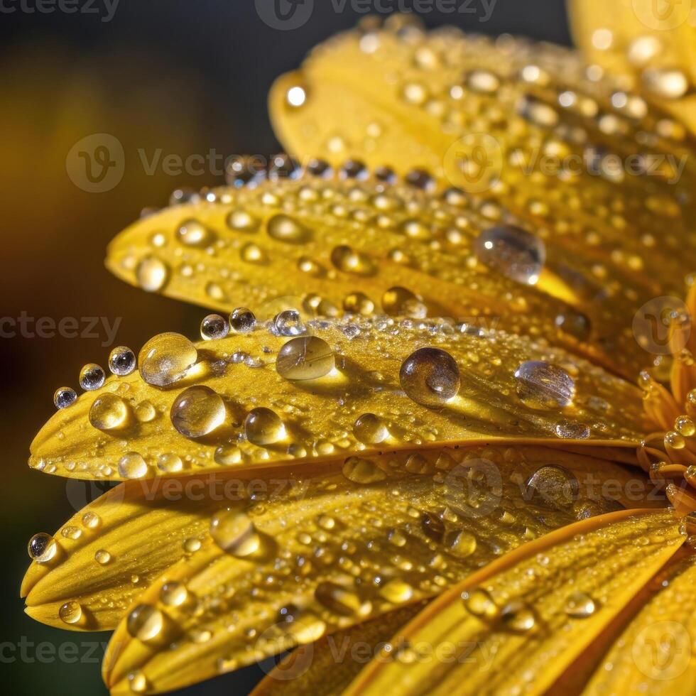 Yellow daisy flower petals with dew drops in a soft, bright background, macro photography photo