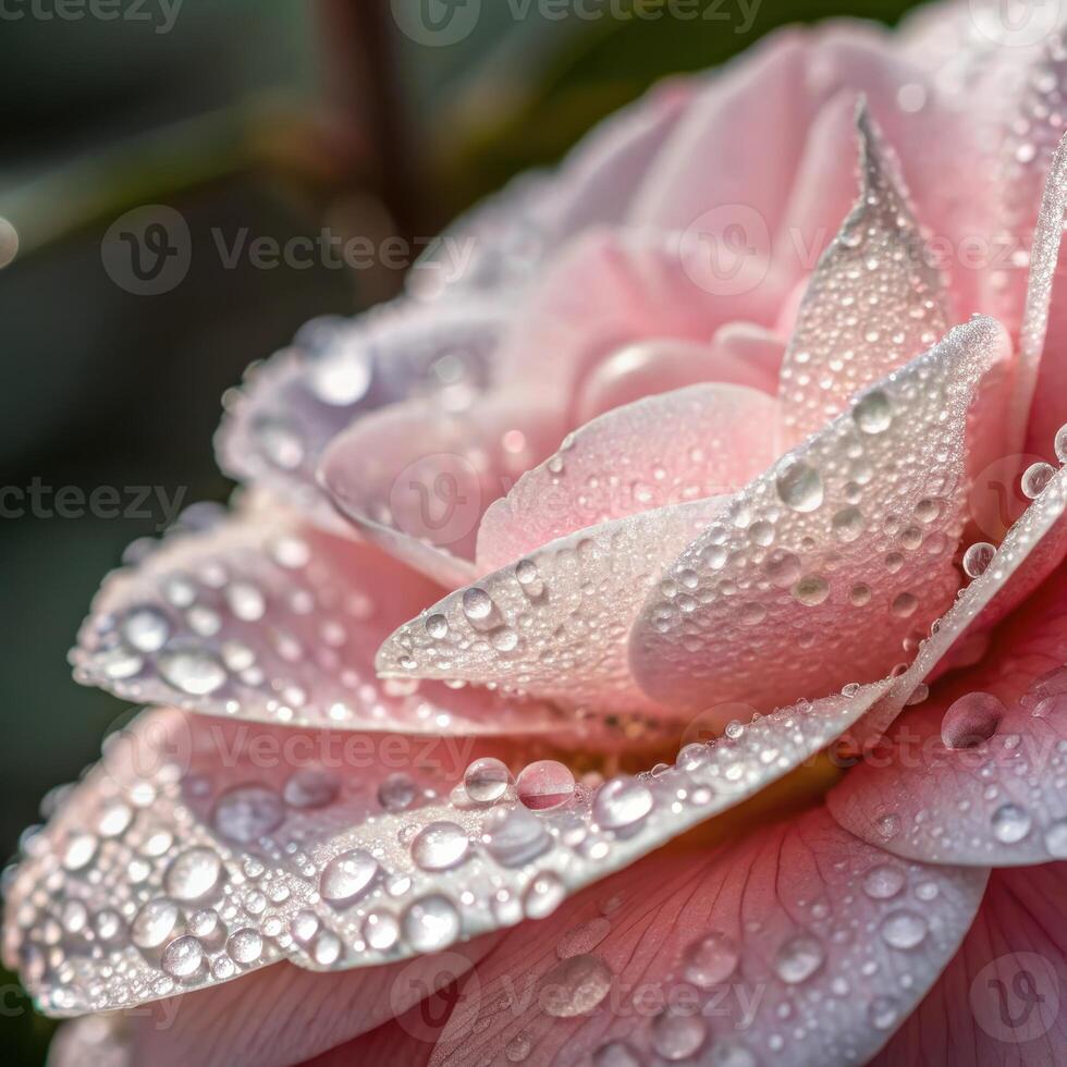 Camellia flower with dew drops in a soft, elegant background, macro photography photo