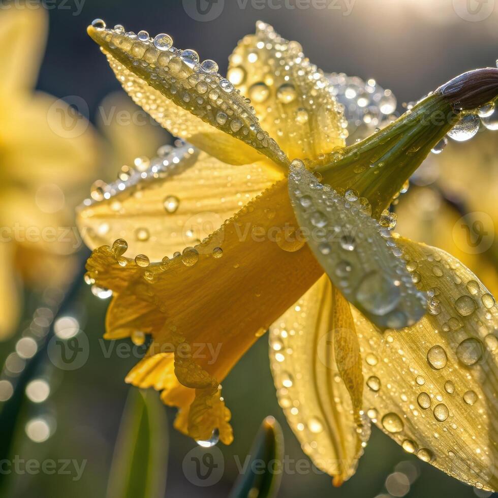 Daffodil flower with dew drops in a soft, bright background, macro photography photo