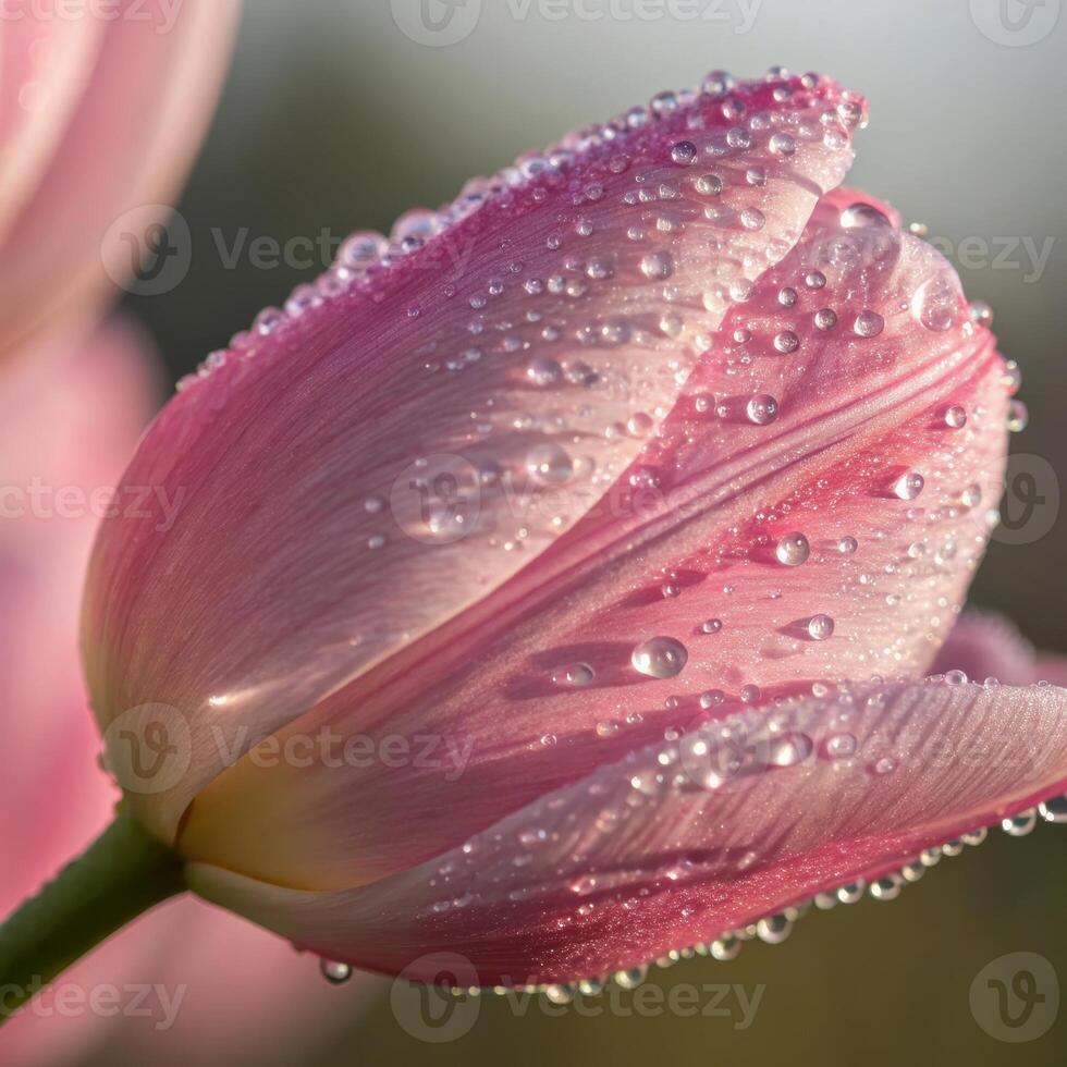 Tulip flower with dew drops in a soft, romantic background, macro photography photo
