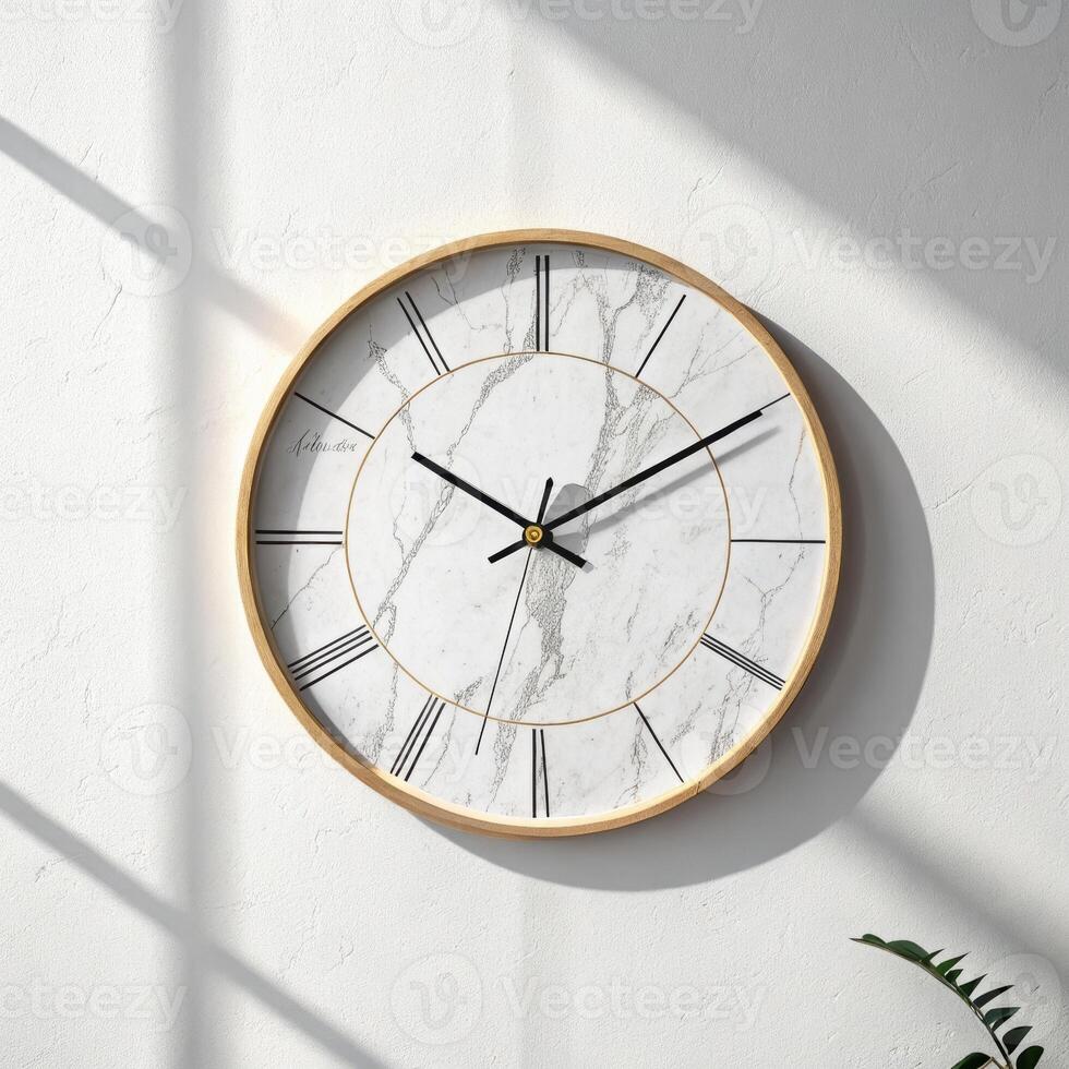 Elegant round wall clock with marble design and wooden frame in bright interior with copy space photo