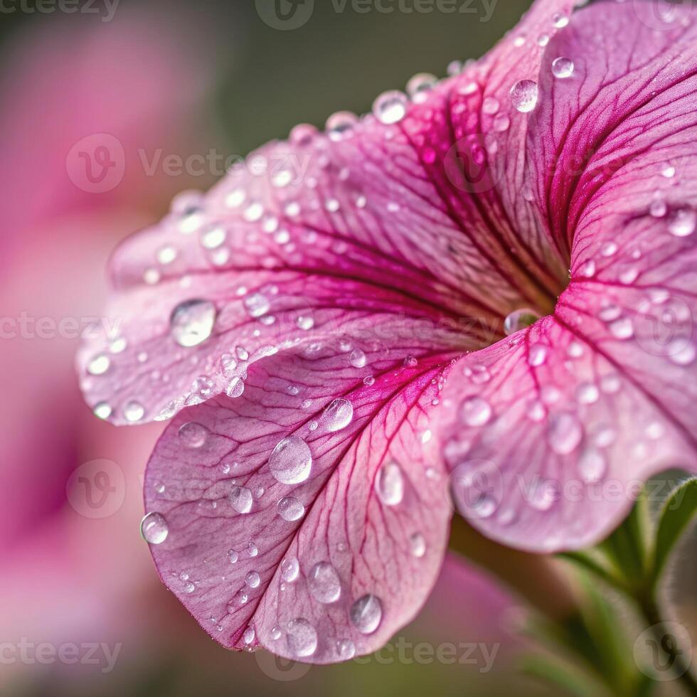 Petunia flower with dew drops in a soft, delicate background, macro photography photo